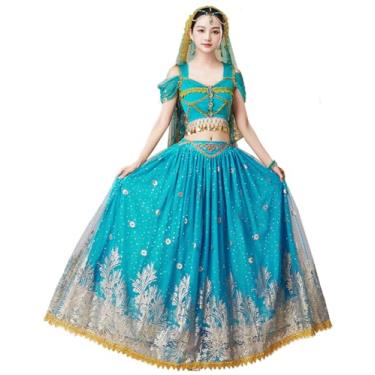 Imagem de ORIDOOR Ladies dress up costumes Indian Aladdin Jasmine Princess Belly dancing Bollywood costumes X-Large 03-Peacock blue