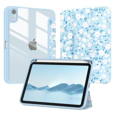 Imagem de Jarviwiin Capa para iPad Mini 7 (A17 Pro), iPad Mini 6 Geração 21.1 cm, Slim Folio Tri-Fold Smart Auto Wake/Sleep com capa traseira transparente para iPad Mini 7ª 6ª geração 21.1 cm (azul floral)