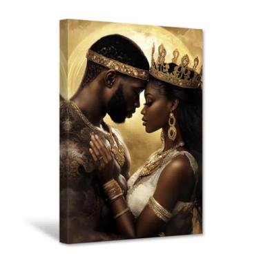 Imagem de CXHOSTENT Arte de parede de rei e rainha africana imagens de casal preto impressão em tela afro-americana pintura amor preto decoração de quarto emoldurada (40,6 cm x 61 cm)