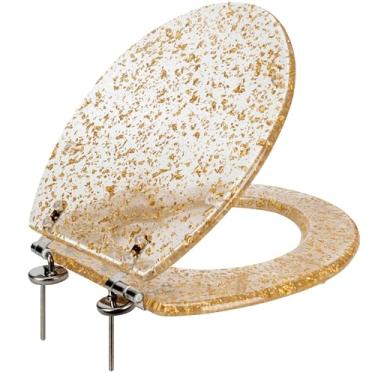 Imagem de PREMIUS Assento Sanitário De Folha De Ouro De Poliresina Por, Redondo Padrão, 17 Polegadas, Transparente, Design Único E Atraente, Detalhe De Folha De Ouro Brilhante, Dobradiças De Aço Inoxidável
