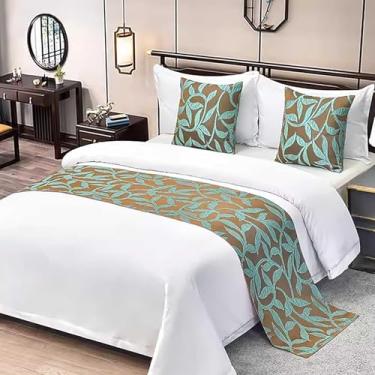 Imagem de Cachecol de cama de hotel luxuoso de algodão colcha decorativa de qualidade macia protetor de cama bonito padrão de folha e círculo cachecol para cama solteiro queen king tamanho azul. ||50 x 240 cm
