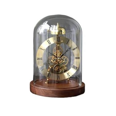 Imagem de hezhuhe2258 Relógio de mesa mecânico relógio de mesa de metal madeira escritório relógio de mesa de luxo relógios interiores estéticos acessórios de decoração de quarto relógio de mesa (ouro)