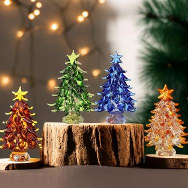 Imagem de Thyle 4 Set Glass Christmas Tree Figurine Mini Artificial Glass Tree Figurine Decoration Xmas Collectible Art Statue Decoration for Xmas Holiday Window Tabletop Decor Festival Gifts Party Supplies