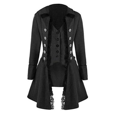 Imagem de BITSEACOCO Jaqueta feminina renascentista steampunk, fantasias medievais de Halloween gótico, pirata vitoriano, sobretudo, Preto, Small
