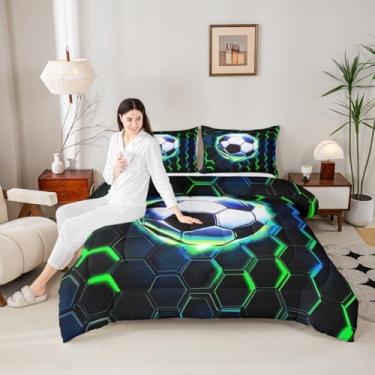 Imagem de Manfei Jogo de cama solteiro para meninas, jogo de futebol, bola esportiva, hexágono, colmeia geométrica, para meninos e adolescentes, decoração de quarto preto e verde para todas as estações, 1