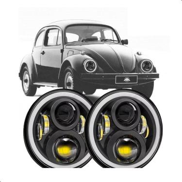 Imagem de 2 faróis circulares com seta 6000K – iluminação eficiente para Fusca e similares