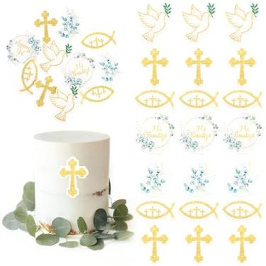 Imagem de 60 Pack Edible God Bless Religious Cupcake Toppers Faith Cake Toppers Rice Paper Wafer Paper Cupcake Picks for First Holy Communion Baptism Baby Shower Kids Birthday Cake Decorations Style 3
