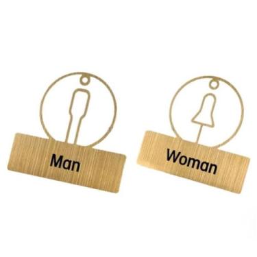 Imagem de YJIUYUANQ Conjunto de placas de banheiro de aço inoxidável dourado de 18 x 18 cm – Identificador de banheiro masculino e feminino para espaços comerciais, marcador de parede durável