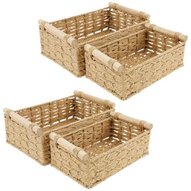 Imagem de Cesta redonda de armazenamento de corda de papel, pacote com 4 cestas de armazenamento de vime com caixas decorativas de cabo de madeira, cesta retangular de papel higiênico para organizar quarto