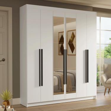 Imagem de Guarda-Roupa Casal 6 Portas Batentes com Espelho Branco/Branco/Preto Saturno Madesa
