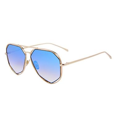Imagem de Óculos de sol femininos modernos e femininos com lentes espelhadas, armação de metal, óculos de sol femininos, Armação dourada/lente espelhada azul, Lens Width: 55 Millimeters