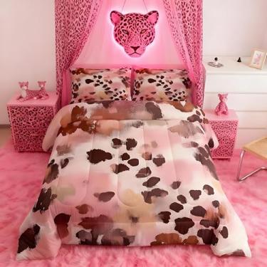 Imagem de Feelyou Conjunto de edredom com estampa de leopardo, rosa, marrom, estampa de guepardo, tamanho king, para crianças, meninos, meninas, decoração de cama de animal selvagem, moderno, para todas as