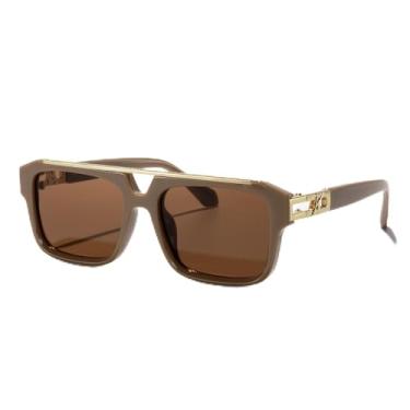 Imagem de Óculos de sol quadrado aviador de ponte dupla retrô para homens e mulheres, moderno, armação de metal, óculos piloto para atividades ao ar livre, Armação marrom/lente marrom, Lens Width: 55