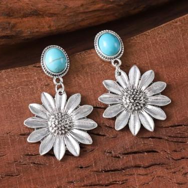 Imagem de Brinco vintage estilo étnico ocidental oval turquesa antigo prateado girassol brincos femininos retrô boêmios presentes para ela