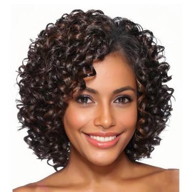 Imagem de Perucas afro cacheado curto para mulheres negras marrom encaracolado peruca com franja lateral peruca sintética de cabelo completo