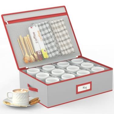 Imagem de homyfort Caixa de armazenamento de café com divisórias – Recipientes de armazenamento empilháveis de vidro da China, capa dura com tampa, etiqueta e alças, comporta 12 canecas de café e xícaras de chá