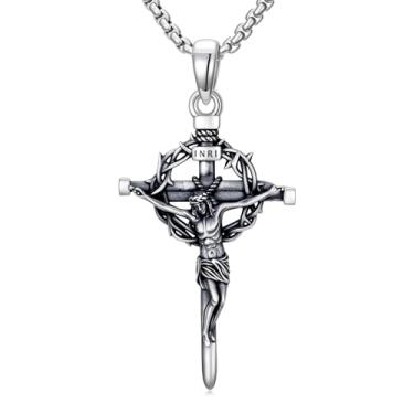 Imagem de Swordgod Colar com cruz para homens e mulheres, prata esterlina 925, celta, crucifixo, unha, anzol, pingente de cruz com corrente de aço inoxidável, joia de fé, presente para pai, filho, irmão, marido
