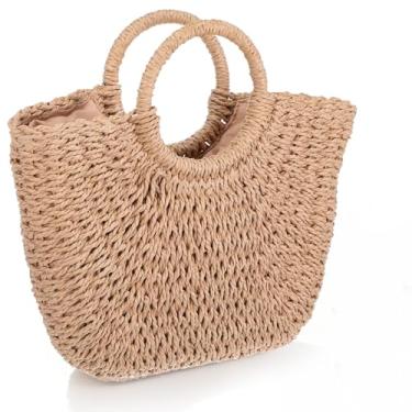 Imagem de Bolsa de palha de verão para praia feita à mão com tecido de vime de palha para mulheres e viagens