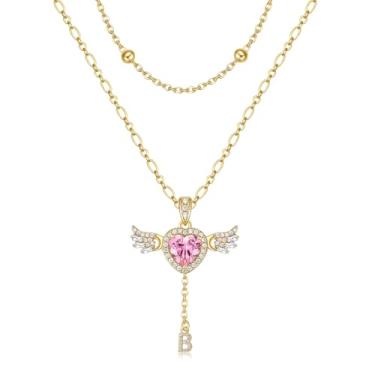 Imagem de TANTIUE Colar de coração com letras para mulheres, colar de asas de anjo, banhado a ouro 14 quilates, colar em camadas com inicial, pingente de zircônia, símbolo do amor, joias presentes para mulheres