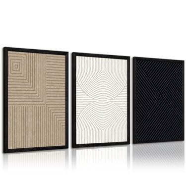 Imagem de Decoração de parede abstrata moderna conjunto de 3 arte de parede em tela neutra boho bege minimalista linha decoração de parede marrom preto arte moderna impressões abstratas imagens para sala de