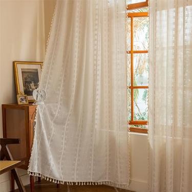 Imagem de Cortinas Boho 228,6 cm de comprimento, 2 painéis para janelas de quarto, cortinas boêmias semitransparentes, borlas de privacidade bege, vintage, chique, drapeado, bordado, tratamentos de janela, aba