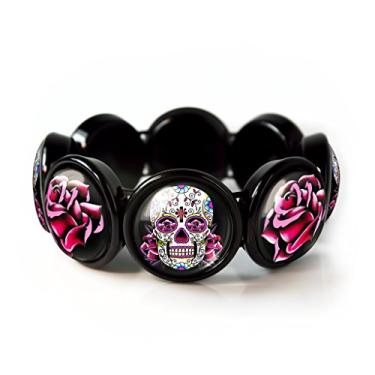 Imagem de Pulseira de caveira de açúcar rosa - Pulseira com pingente de elástico preto Dia dos Mortos, acrílico, sem pedra preciosa