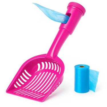 Imagem de ARMATY Colher de cocô 2 em 1 com acessório de bolsa, pá de areia para gatos com bolsa, dispensador embutido, inclui rolo de lixo, limpeza de enxágue, antiaderente, peneira inteligente, cabo longo