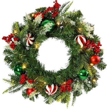 Imagem de Yinns Guirlanda de Natal pré-iluminada com enfeites de bola, guirlanda de Natal de 50 cm com luzes para porta da frente operada a pilhas, decoração de Natal para lareira, guirlanda de Natal verde