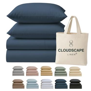Imagem de Conjunto de lençóis King Size Cloud Scape Linen 400 fios - 100% algodão egípcio, macio, durável e respirável, bolso profundo de até 41 cm, jeans escuro