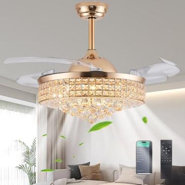 Imagem de Trssdre 42" Regulável Gold Fandelier Cristal Led Ventiladores De Teto Com Luzes E Controle Remoto Moderno Retrátil Lâmina Kit De Iluminação De Teto Ventilador Para Quarto Sala De Jantar Sala De Estar