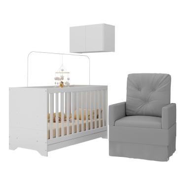 Imagem de Berço 3 Em 1 Com Colchão Poltrona E Armário Aéreo 2 Portas Multimóveis Mp4165 Branco/cinza Branco/cinza