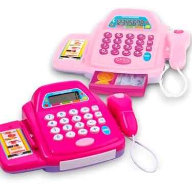 Imagem de Kit Caixa Registradora Infantil com Calculadora, Som e Luz, Inclui Moedas, Cartões, Cesta e Alimentos, Funciona com 2 Pilhas AA