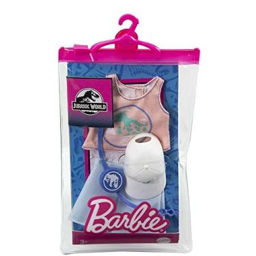 Imagem de Barbie Doll Clothes Inspired by Jurassic World: Dominion, Complete Look with 2 Accessories, Pink Sleeveless Crop Top with Dinosaur Graphic & Blue Shorts, Fanny Pack & Hat, Gift for Kids 3 to 8 Years