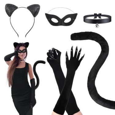 Imagem de Acessórios de fantasia de gato de Halloween para mulheres - Conjunto de máscara preta com orelhas e cauda para adultos, festa de Halloween, baile de máscaras, presentes de cosplay, Preto, 7.8 x 2.9