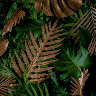 Imagem de Quadro Decorativo Natureza Tropical Folhas Douradas e Verdes Imagem Montada para Sala Quarto Escritório 50x50cm