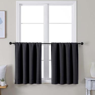 Imagem de Simplebrand Conjunto de 2 painéis de cortina blackout preta curta Ava Black 61 cm, bolso para varão para cozinha, cortinas blackout para cortinas de banheiro, L76 x C61 cm, preta