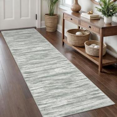 Imagem de KOZYFLY Tapete de corredor abstrato moderno, tapetes de cozinha 5 x 20 cm, antiderrapante, lavável, macio, listrado, tapete para corredor, cinza e verde, para entrada, banheiro, lavanderia, hall de