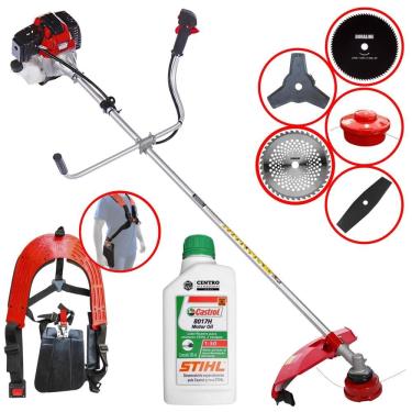 Imagem de Roçadeira Completa Toyama RT43L À Gasolina 43cc 1,7HP 10000rpm Com Carretel de Nylon + Lâminas Facão, 3 Pontas, 40 Dentes, 80 Dentes + ÓLEO STIHL 8017