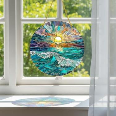 Imagem de Enfeite de acrílico para pendurar na janela, estilo vitral, decoração acrílica para decoração de casa, design redondo colorido do nascer do sol do oceano para decoração de janela