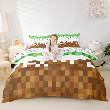 Imagem de Manfei Conjunto de capa de edredom Pixelated, tamanho solteiro, geométrico, patchwork quadriculado, para decoração de quarto de crianças e adolescentes, capa de edredom de mineiros, marrom, verde, 2