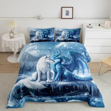 Imagem de Conjunto de edredom infantil dragão lobo, inverno, montanha, pinheiro, para decoração de quarto de meninos e meninas, caça, vida selvagem, animal ocidental, enchimento de edredom azul e branco, 2