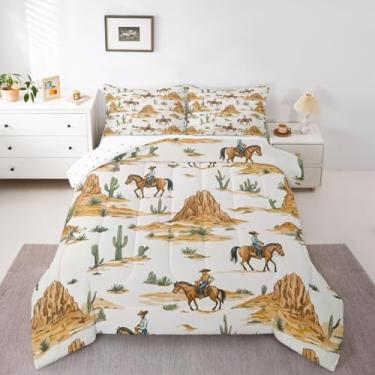 Imagem de jejeloiu Conjunto de edredom com estampa de grunge tamanho queen, decoração ocidental, para crianças, meninos, meninas, caubói do oeste selvagem, edredom para decoração de quarto, microfibra, 3 peças