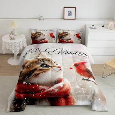 Imagem de Manfei Jogo de cama de gato cardeal para meninos e meninas, conjunto de edredom aconchegante para todas as estações, decoração de quarto de feliz Natal, presentes de festival