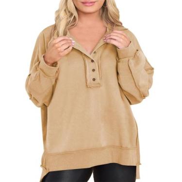 Imagem de Moletom feminino Eytino plus size com botão Henley Gola 4X