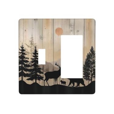 Imagem de Naiqadnehz Capas de tomada placa de madeira vida selvagem urso fofo veado floresta rústica 1 interruptor 1 combinação de balancim placa de parede decorativa placas de interruptor elétrico placa de