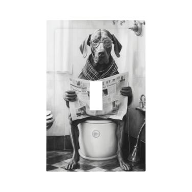 Imagem de SgEdao Capas decorativas para interruptores prato cachorro lendo jornal no vaso sanitário 1 placa de parede grande com botão único placa de parede jumbo placa de interruptor de luz elétrica placa