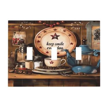 Imagem de DWBGUO Capa decorativa de placa de interruptor com grãos de café vintage design de placa de madeira retrô placa de parede artística de 3 turmas exclusivas capas de interruptor de luz tripla para