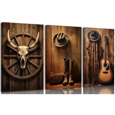 Imagem de 3 peças arte de parede vintage caubói ocidental vaca caveira chapéu de cowboy botas guitarra roda de madeira quadros decoração de parede país moderno pôsteres impressões arte para casa, escritório