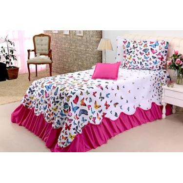 Imagem de Kit 3 Peças Belize Cobreleito Solteiro, Microfibra Matelassado com Babados, Inclui Porta Travesseiro e Capa de Almofada (Pink)