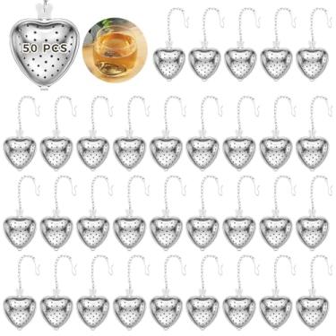 Imagem de 50 bolas de infusor de chá de aço inoxidável, filtros íngremes de chá de folhas soltas, malha em forma de coração com gancho de corrente longa para facilitar a preparação